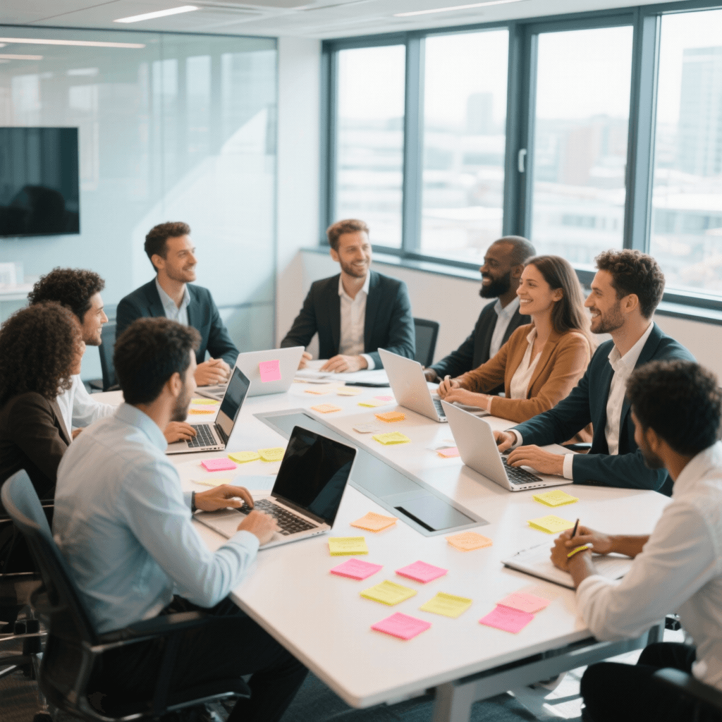 A diverse team collaborating around a modern conference table with laptops and sticky notes, bright office with large windows, corporate lifestyle photography