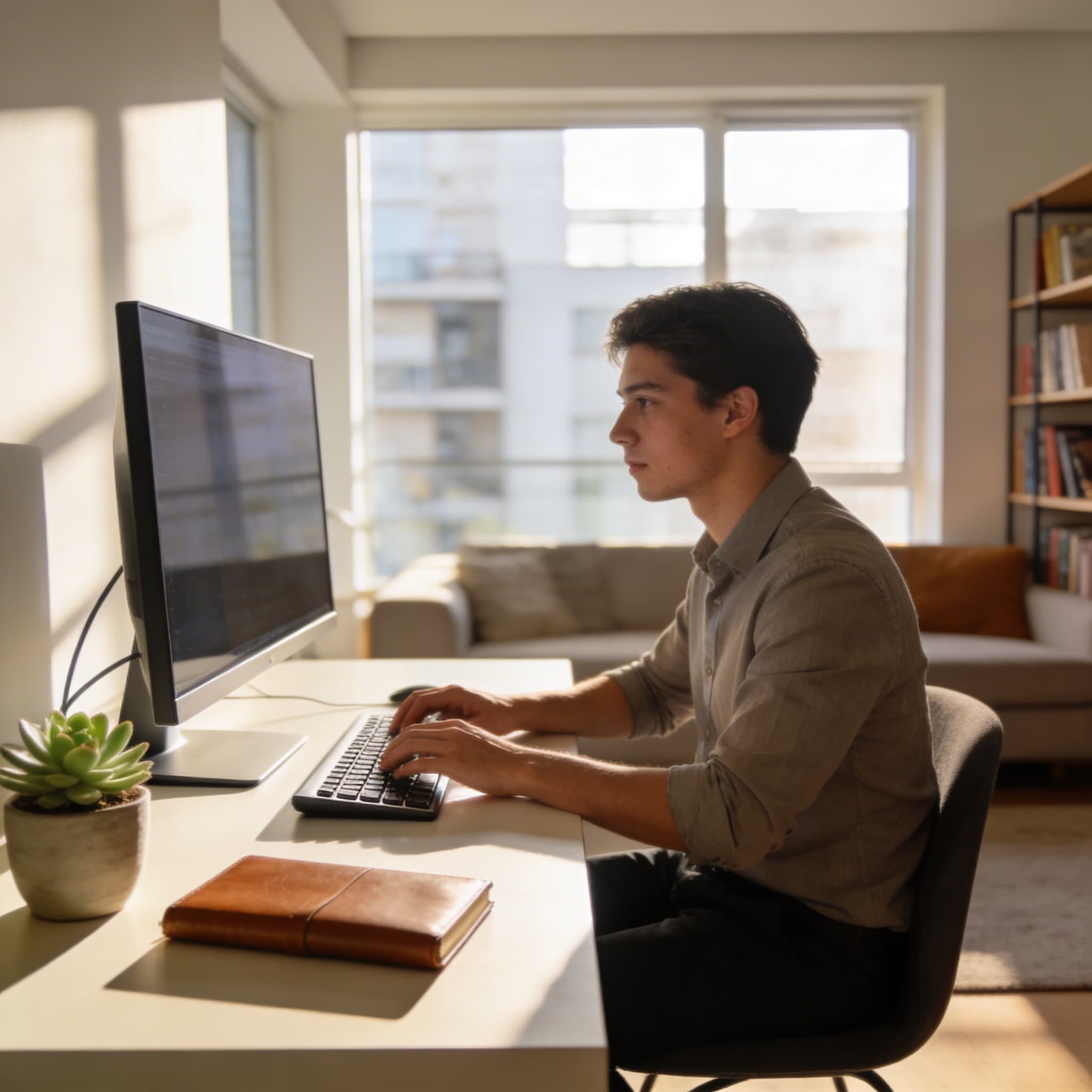 A young professional working at a minimalist desk setup with a large monitor, natural light from large windows, modern apartment, lifestyle photography