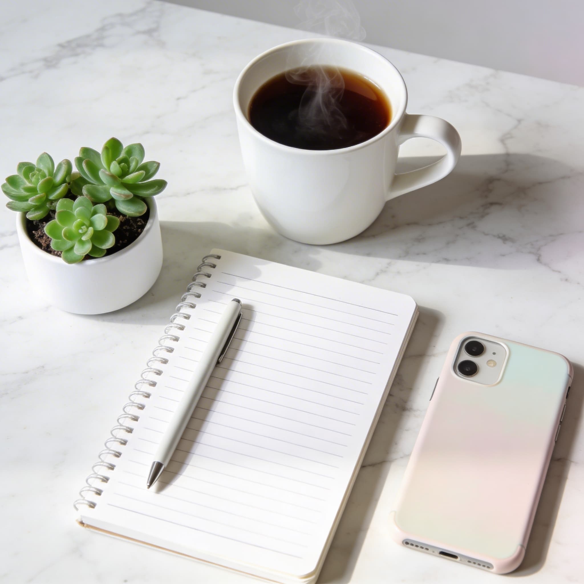 A flat lay of a morning routine with coffee, journal, succulents and a phone on a marble countertop, top-down view, Instagram-ready styling, bright and airy