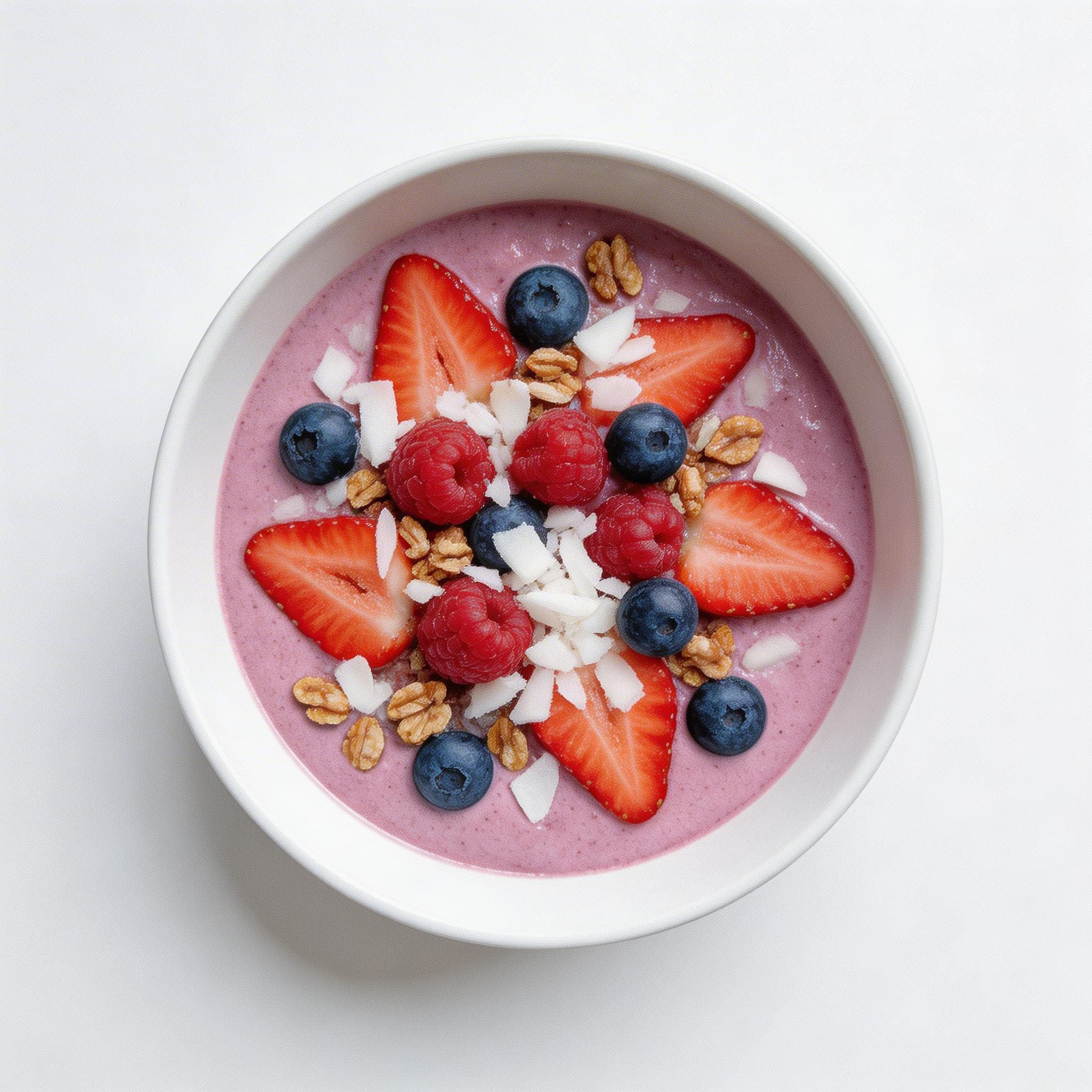 A colorful smoothie bowl topped with berries, coconut flakes and granola, overhead view, vibrant food photography, clean white background
