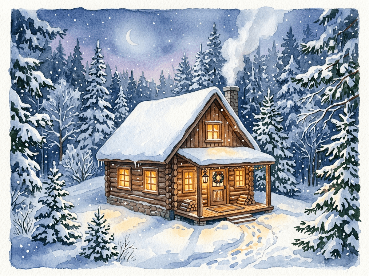 A cozy cabin in a snowy forest with warm light glowing from windows, smoke from chimney, watercolor illustration style, whimsical and charming