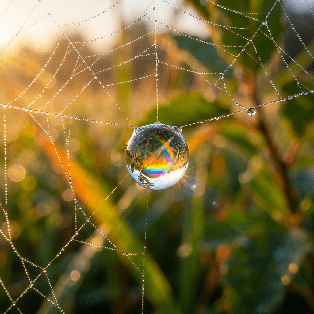 A dewdrop on a spider web at sunrise, macro photography, rainbow refraction in the water, blurred green background, extreme detail