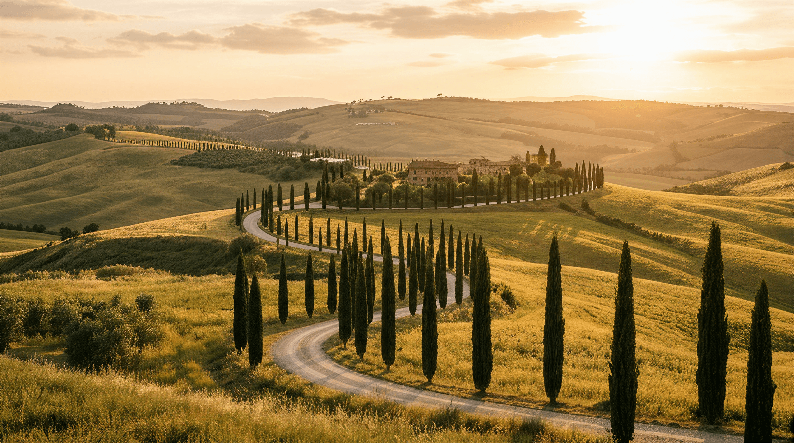 Rolling hills of Tuscany at golden hour, cypress trees lining a winding road, warm sunlight casting long shadows, travel photography