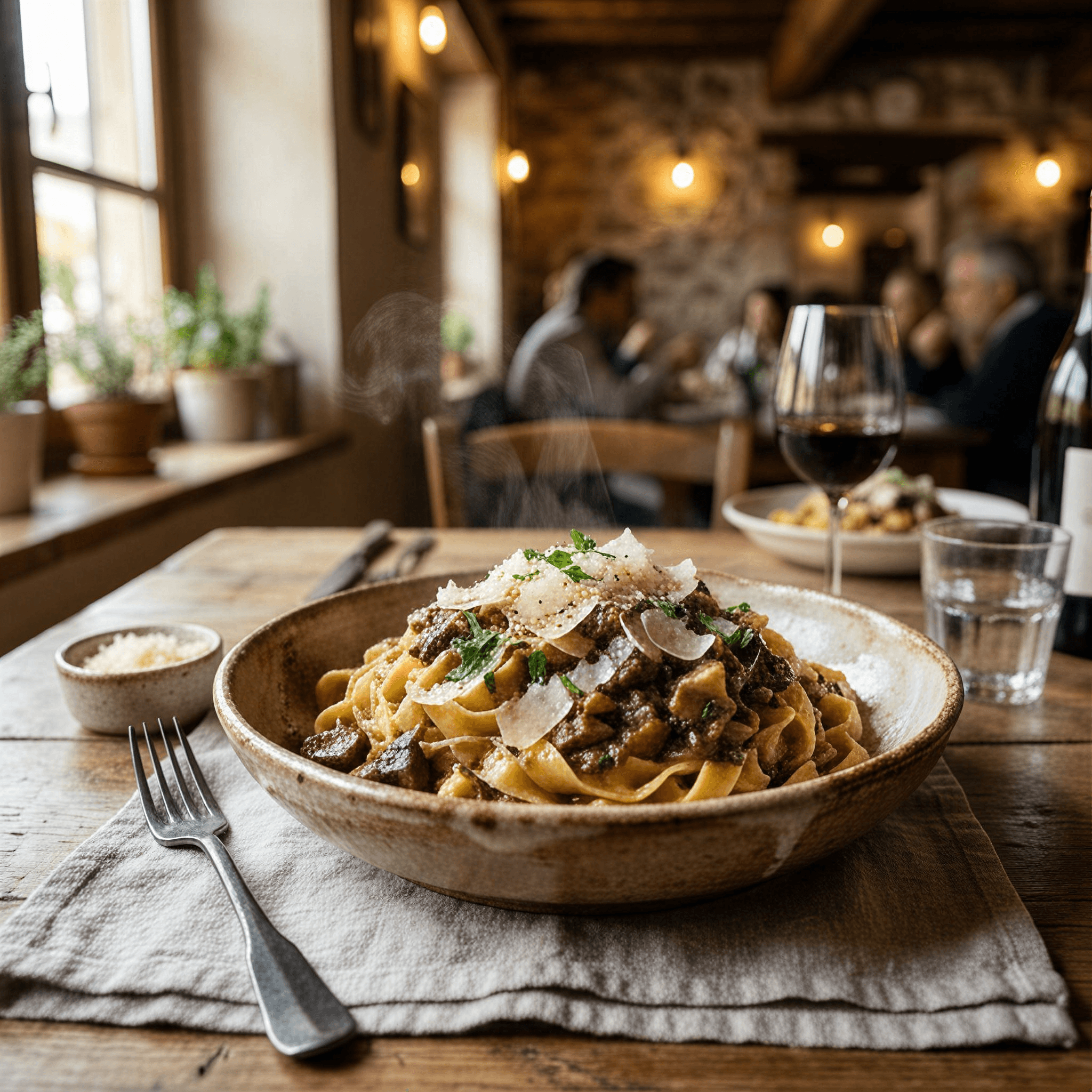 A steaming bowl of handmade tagliatelle with wild mushroom ragout and shaved parmesan, rustic ceramic bowl on a linen napkin, warm natural light from a window, cozy trattoria atmosphere