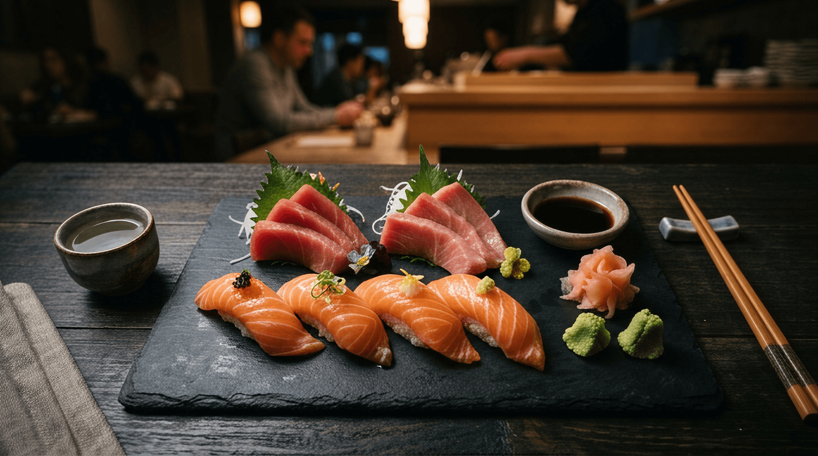 A beautifully plated omakase sushi set on a dark slate board, fresh salmon nigiri and tuna sashimi with wasabi and pickled ginger, moody restaurant lighting, overhead food photography