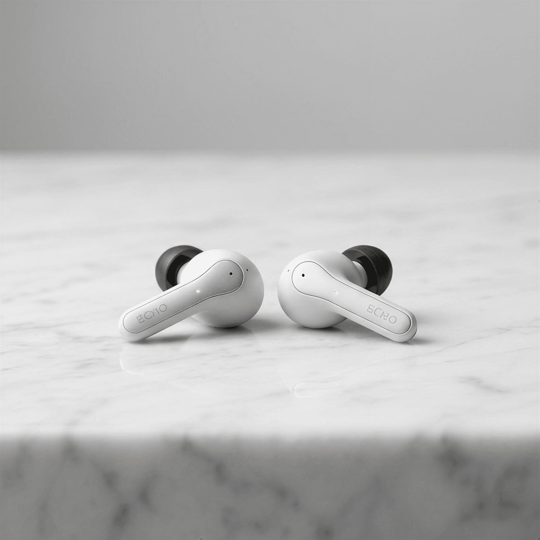 A minimalist product photo of wireless earbuds on a marble surface with soft studio lighting, clean commercial aesthetic, professional product photography