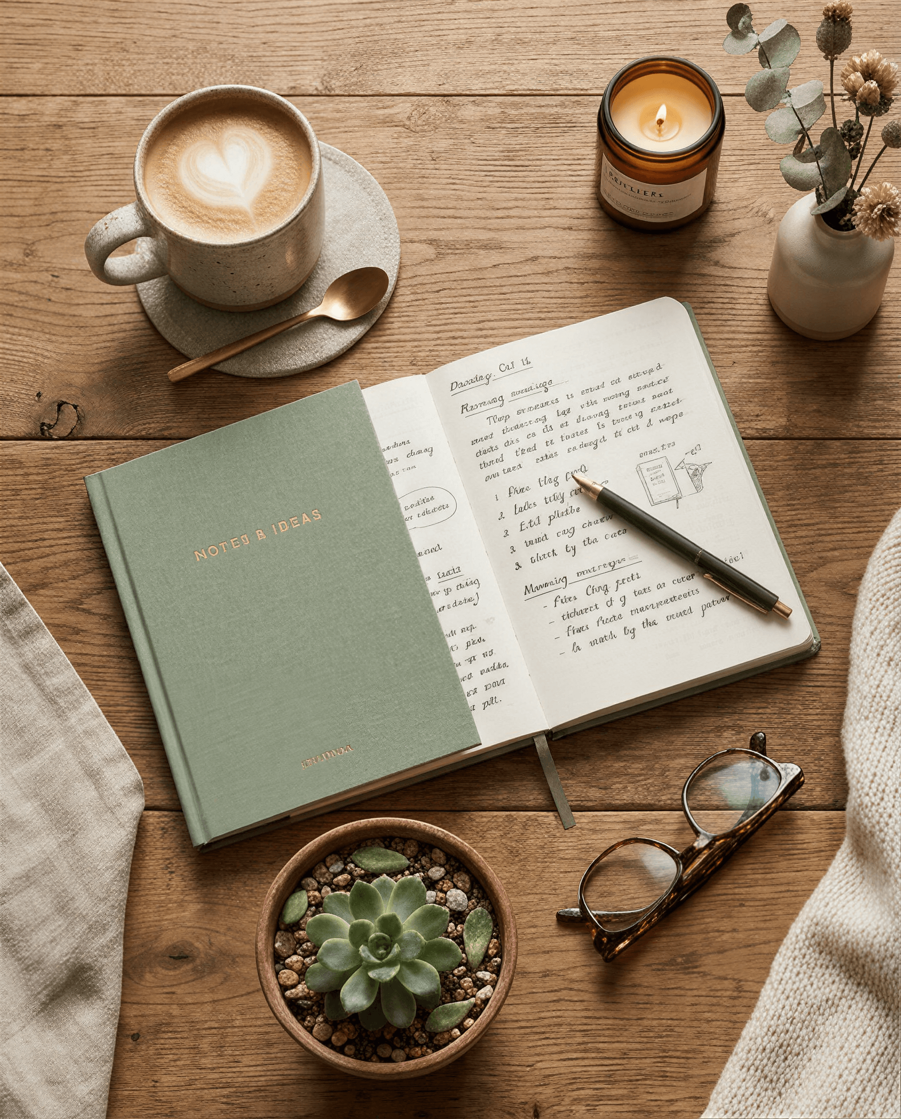 A flat lay arrangement of coffee cup, notebook, succulent plant, and reading glasses on a wooden desk, lifestyle blog aesthetic, overhead view
