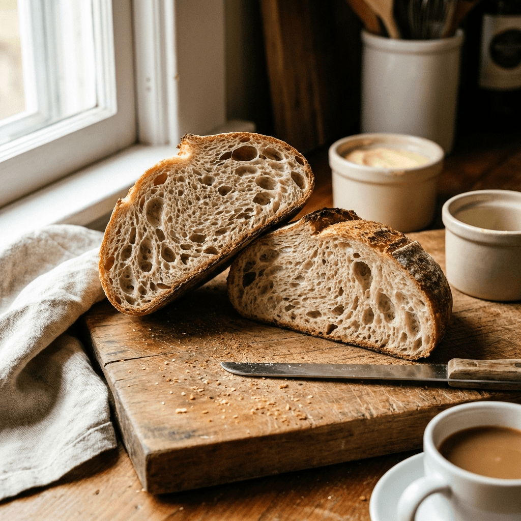 An artisan sourdough bread loaf cut in half showing the crumb structure, rustic wooden board, natural window light, food photography, warm tones