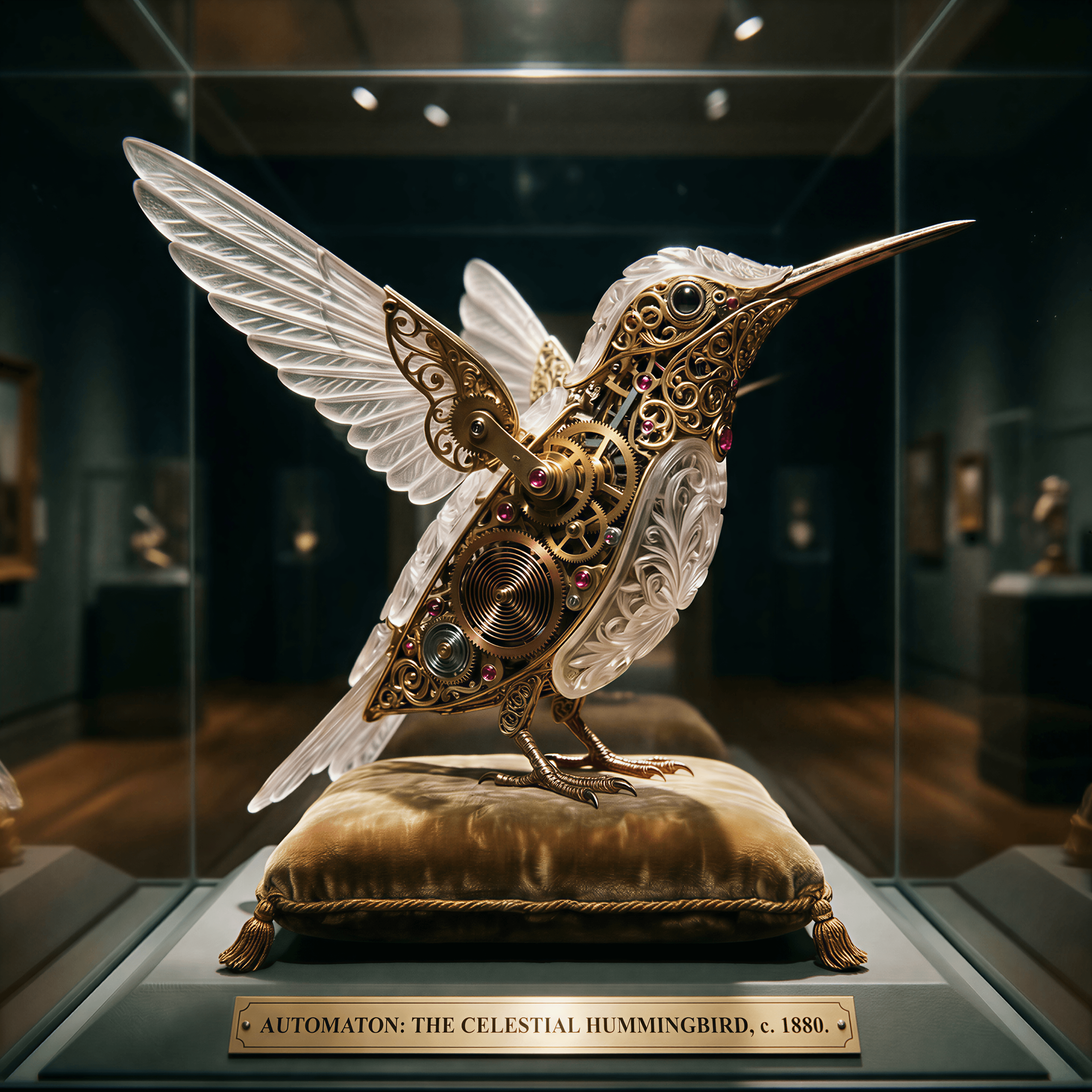 An intricate mechanical clockwork automaton in the shape of a hummingbird, brass gears and copper springs visible through translucent crystal panels, perched on a velvet cushion in a museum display case, dramatic museum lighting, ultra-detailed macro photography
