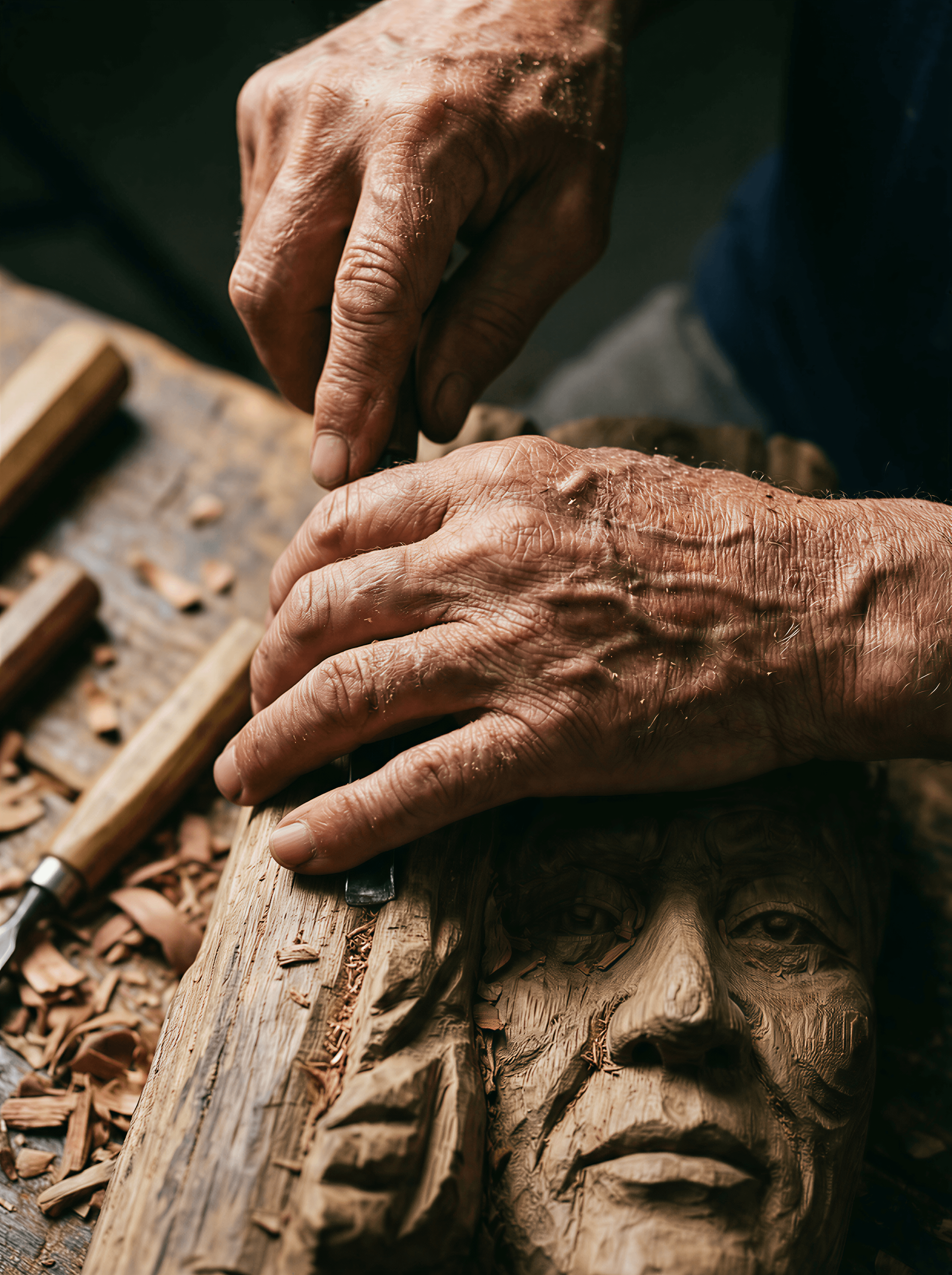 An extreme close-up portrait of an elderly craftsman's weathered hands working on a wooden sculpture, every wrinkle and wood grain visible, dramatic side lighting, museum-quality photography