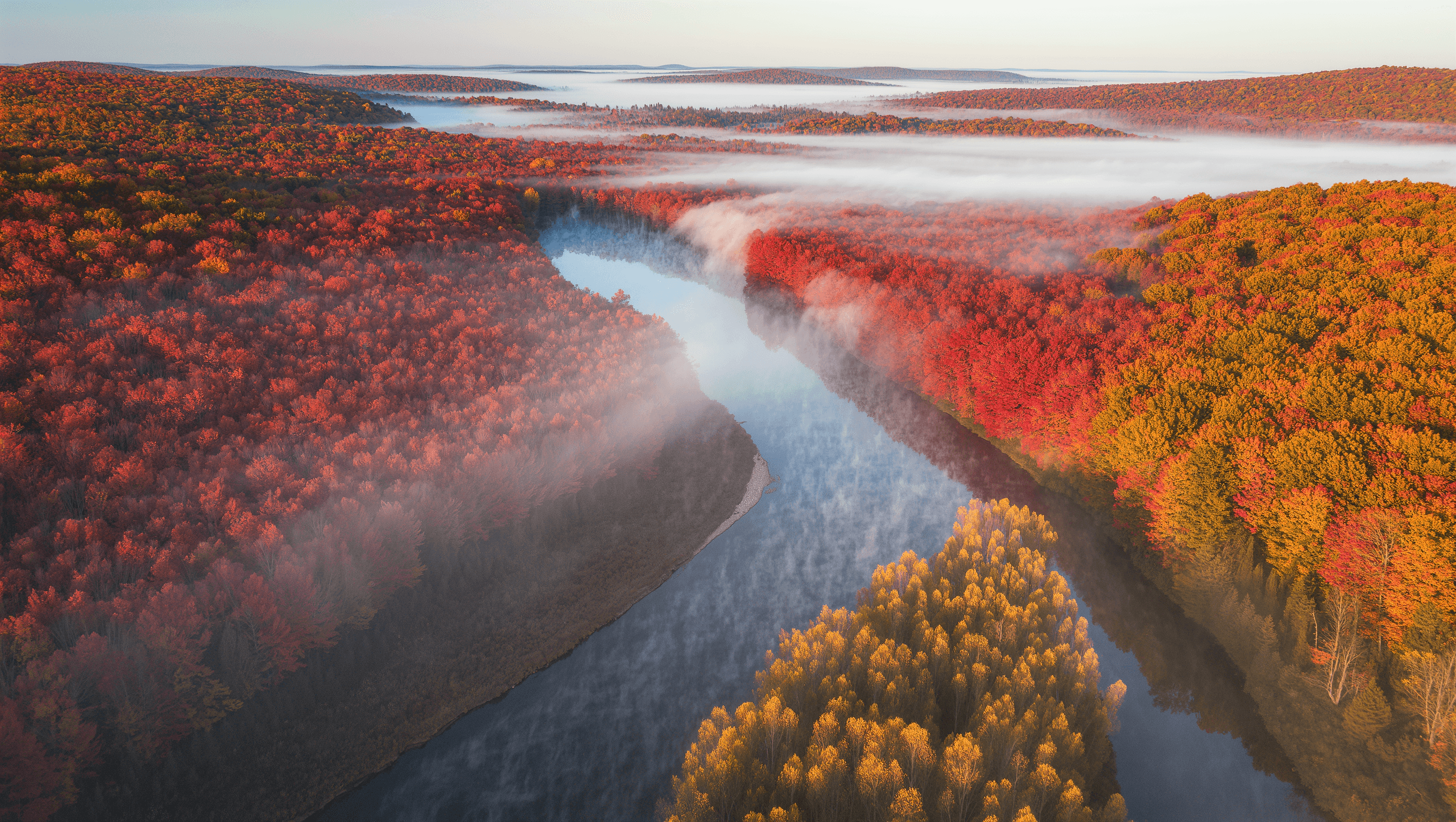 An aerial drone view of autumn forest with a winding river, vibrant red, orange and gold foliage, morning mist rising from the water, landscape photography
