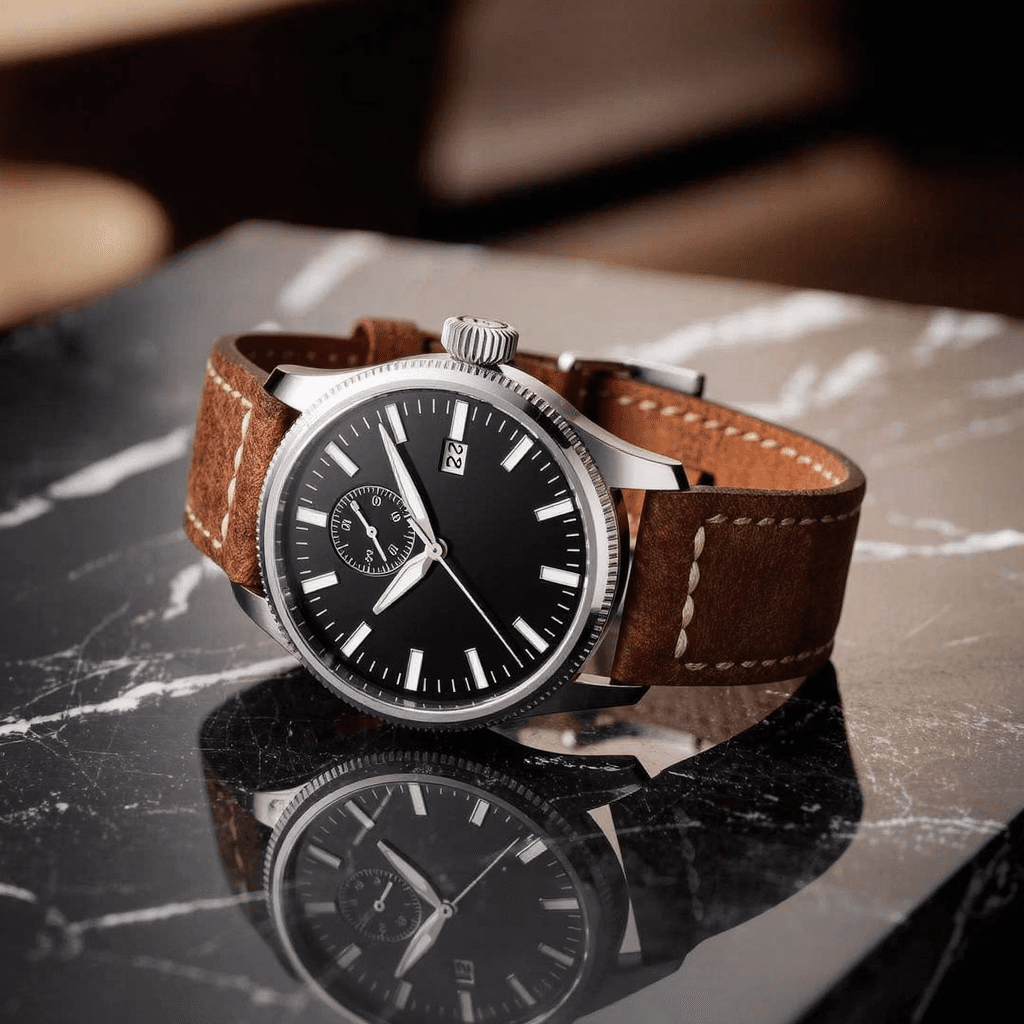 A luxury wristwatch on a dark marble surface with dramatic lighting, metal reflections, premium product photography, clean and sophisticated