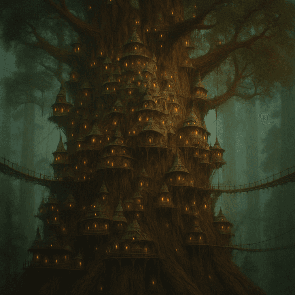 A massive ancient tree city built into the trunk and branches of a colossal redwood, tiny glowing windows, rope bridges between platforms, fantasy concept art, epic scale