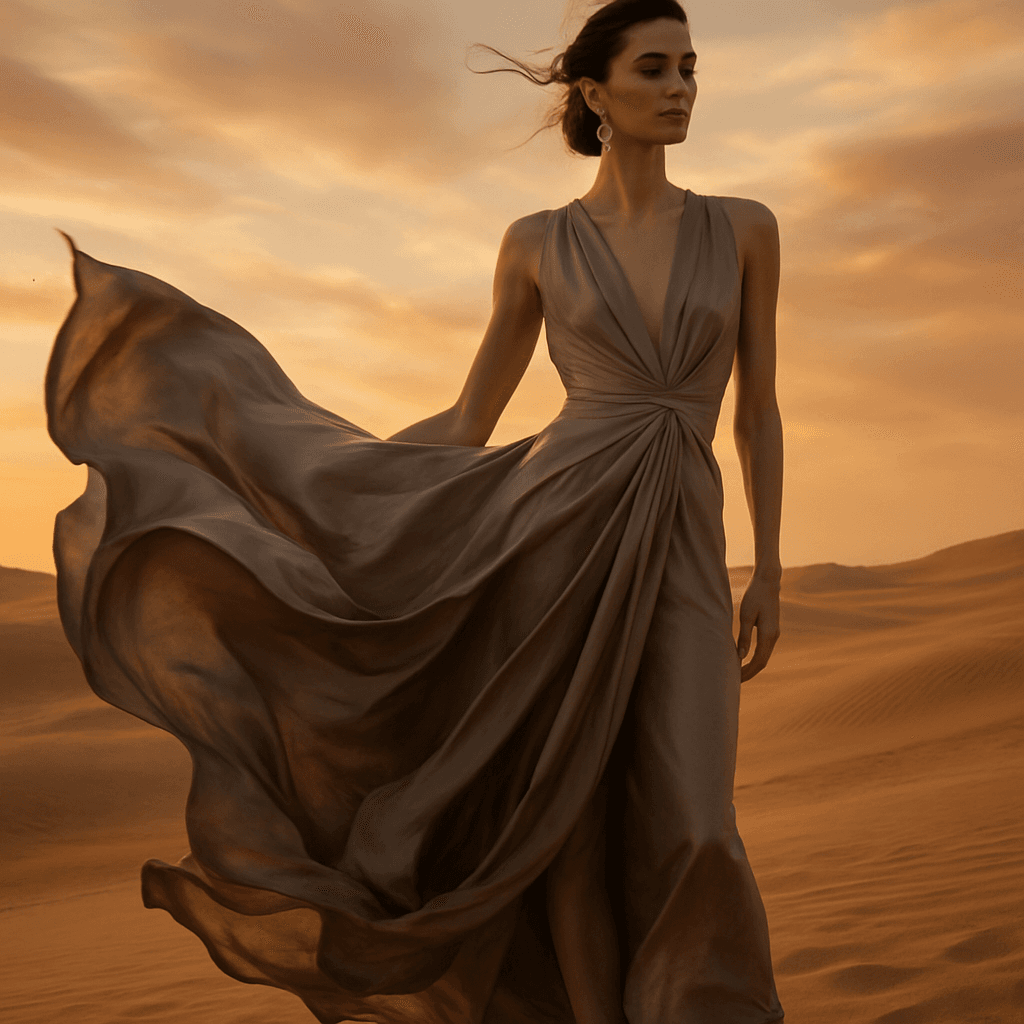 A fashion editorial portrait of a model in a flowing silk dress standing in a wind-swept desert at golden hour, high fashion photography, dramatic and elegant