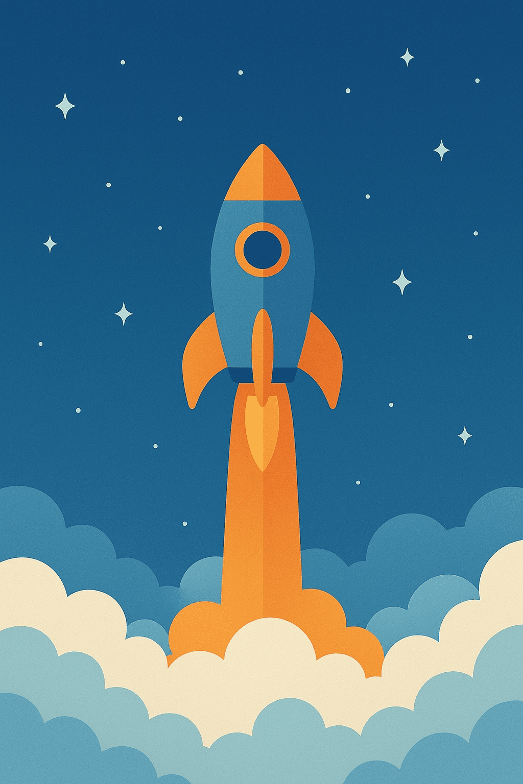 A simple but elegant infographic-style illustration of a rocket launching through clouds into a starry sky, flat design with subtle gradients, blue and orange color scheme