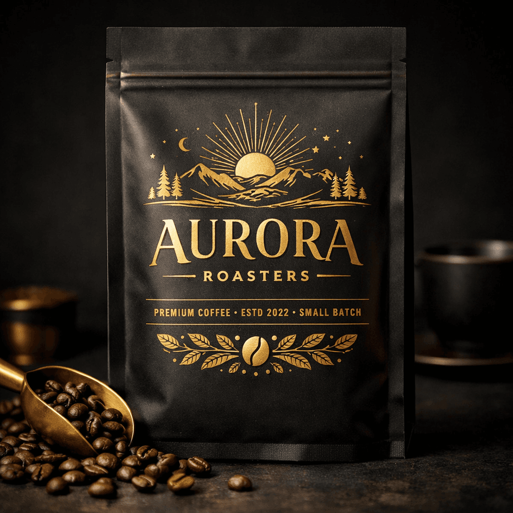 A premium coffee brand packaging design with the text "AURORA ROASTERS" in elegant typography, matte black bag with gold foil details, studio product shot