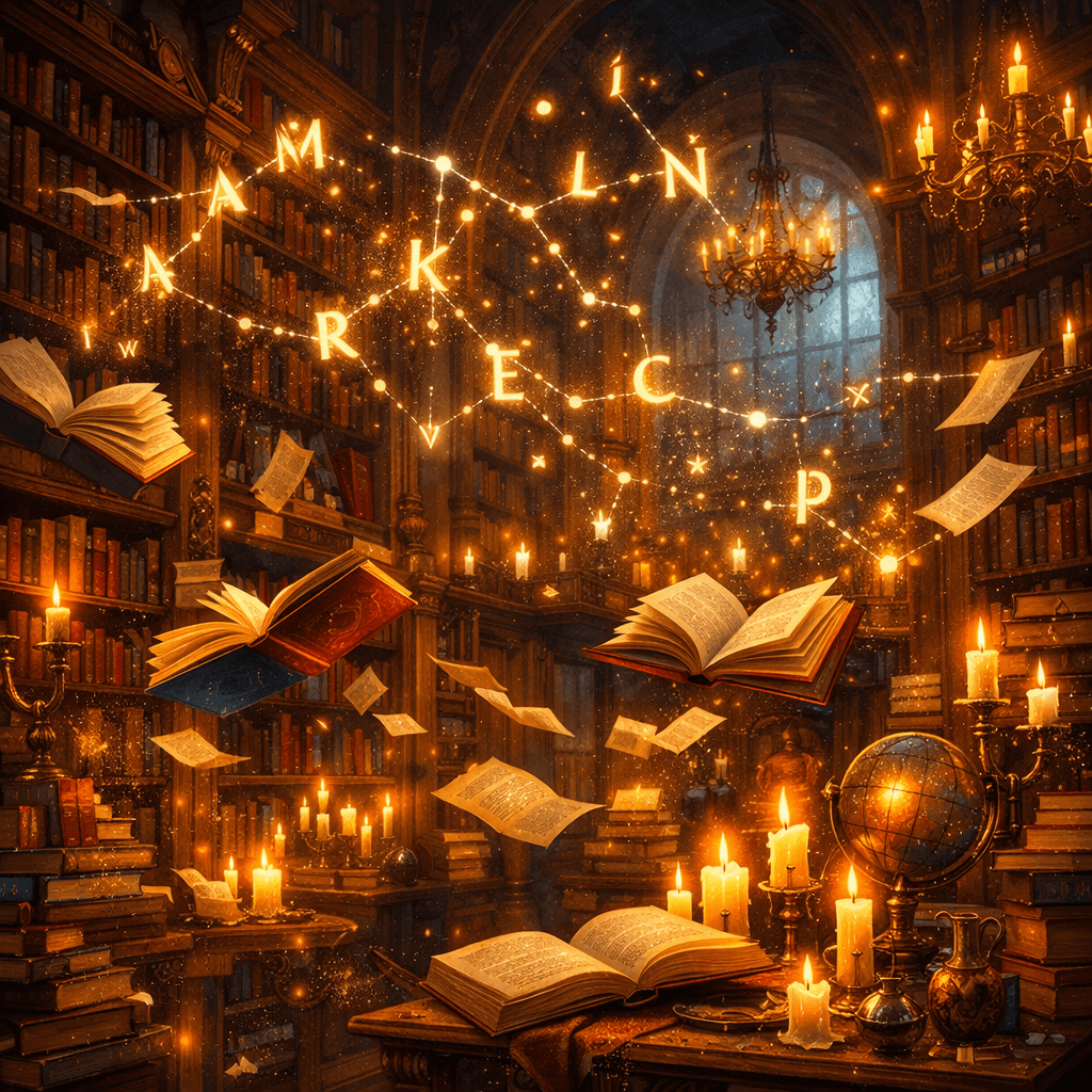A magical library where books fly off shelves and letters float in the air forming constellations, warm candlelight, fantasy illustration, rich detail and color