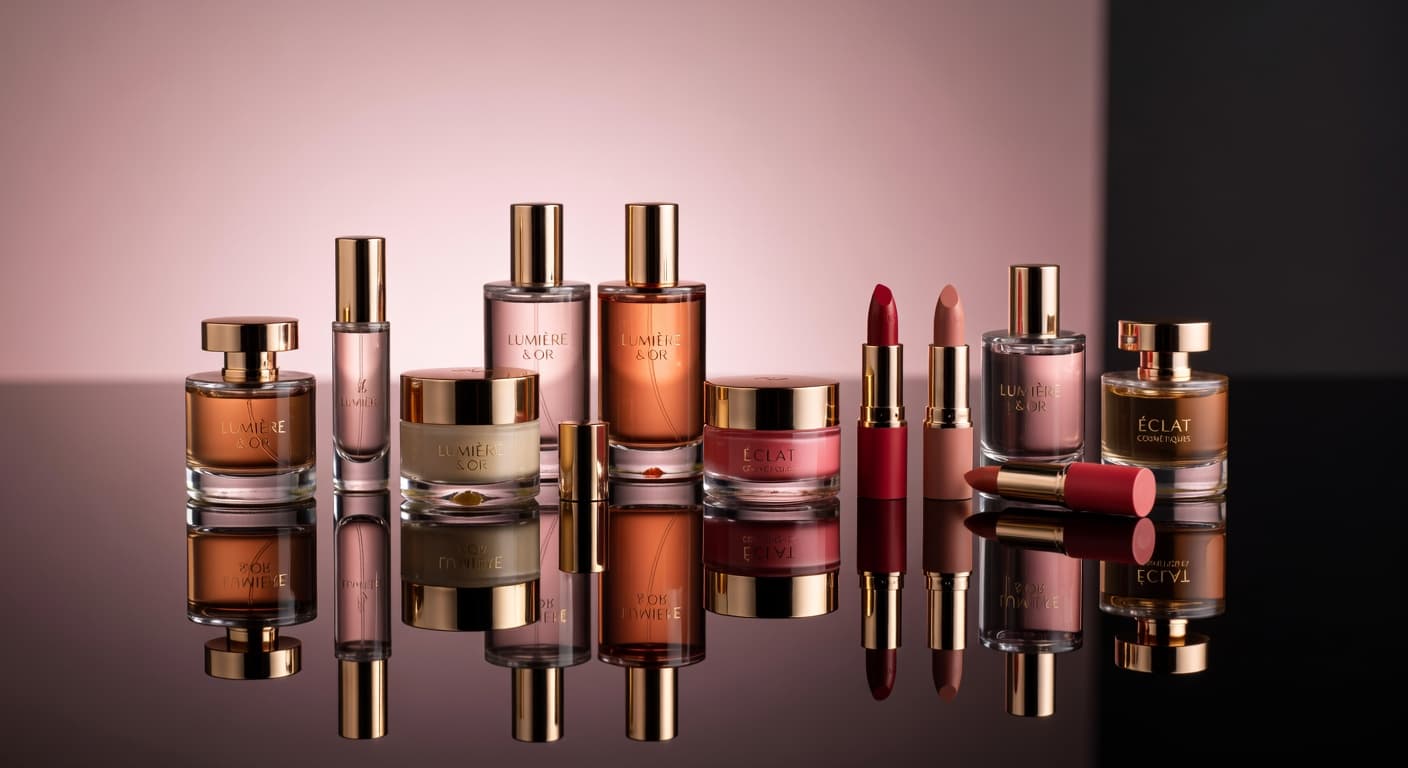 A premium cosmetics product line arranged on a reflective black surface with soft pink and gold lighting, luxury brand photography, elegant composition