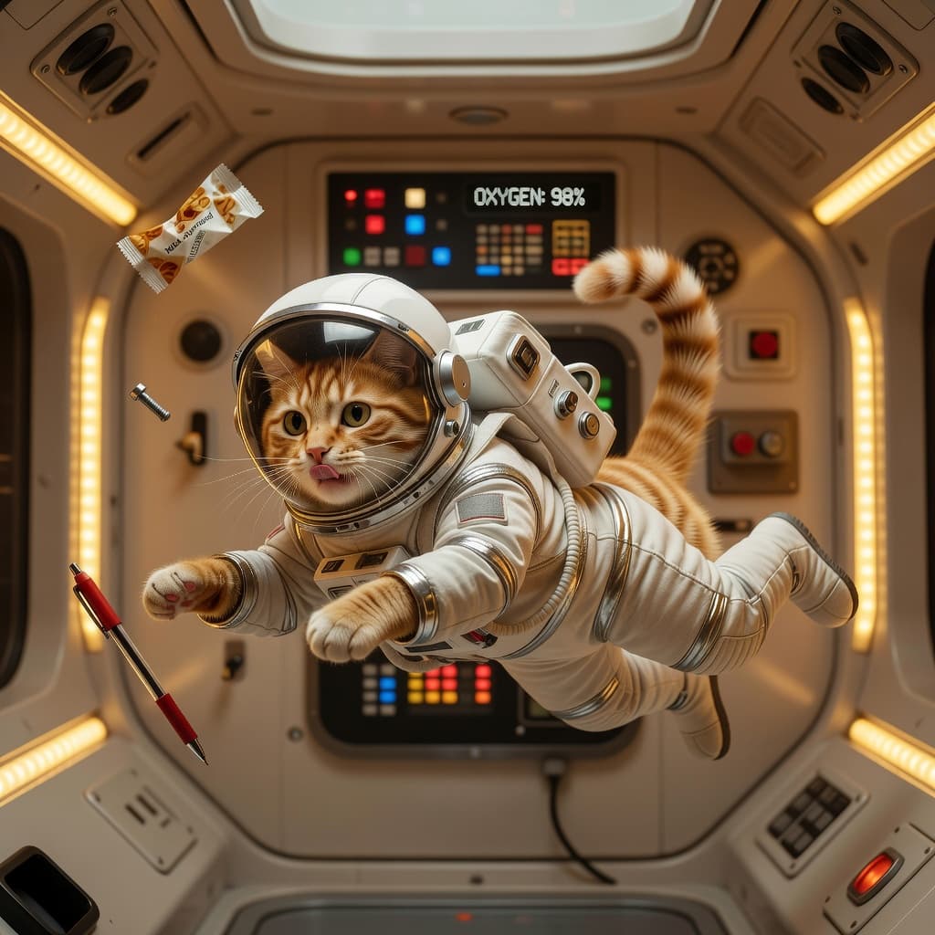 A cat wearing a tiny astronaut suit floating in zero gravity inside a space station, playful and humorous, detailed character design, warm lighting